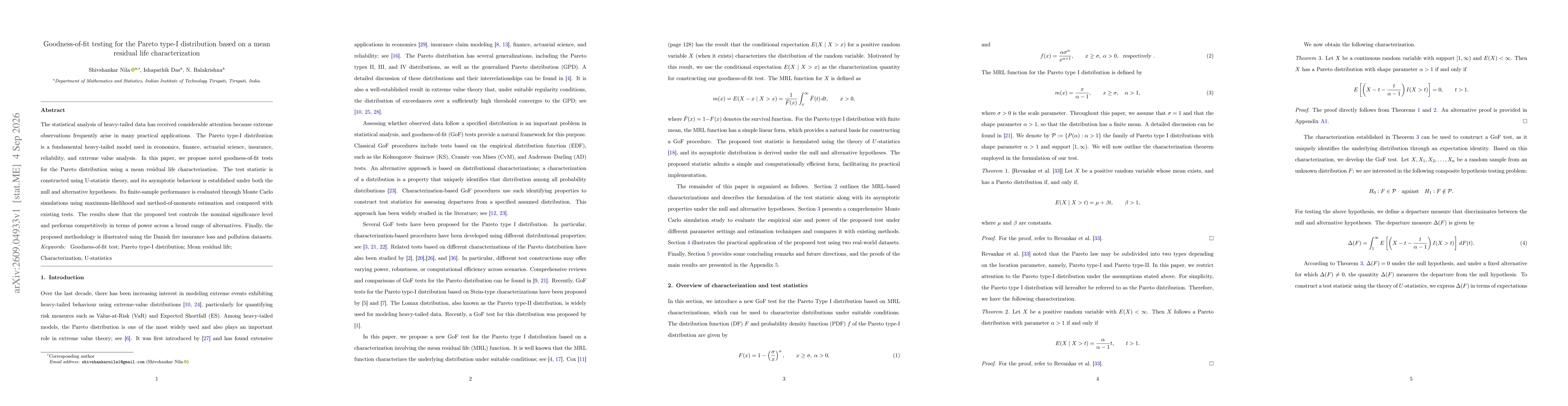 Thumbnail for Goodness-of-fit testing for the Pareto type-I distribution based on a mean residual life characterization