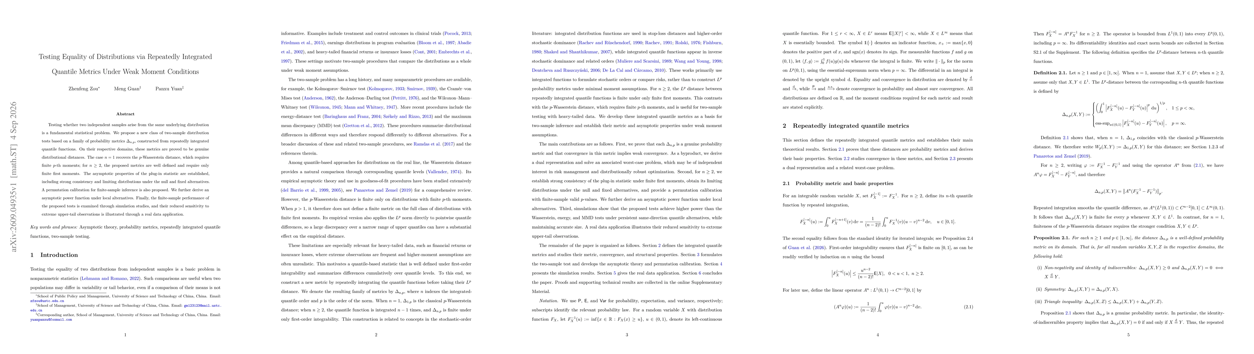 Thumbnail for Testing Equality of Distributions via Repeatedly Integrated Quantile Metrics Under Weak Moment Conditions