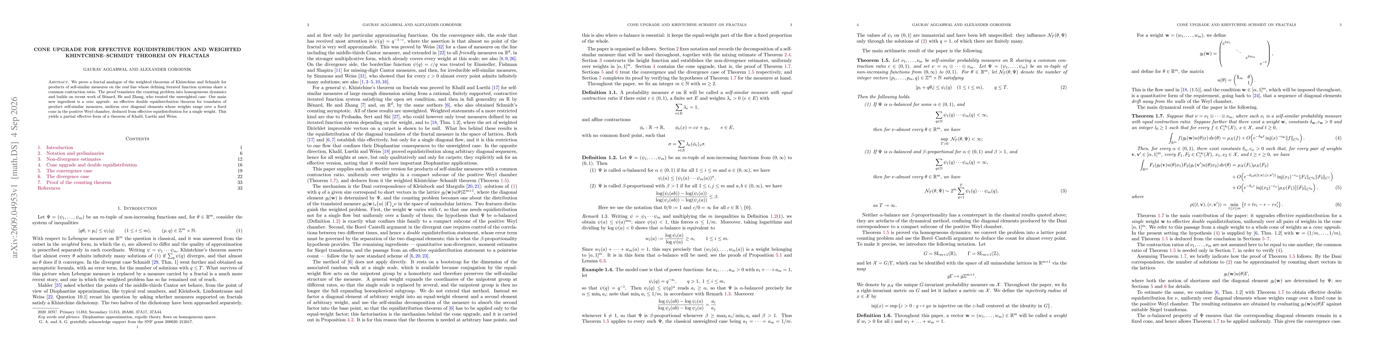 Thumbnail for Cone upgrade for effective equidistribution and weighted Khintchine--Schmidt theorem on fractals