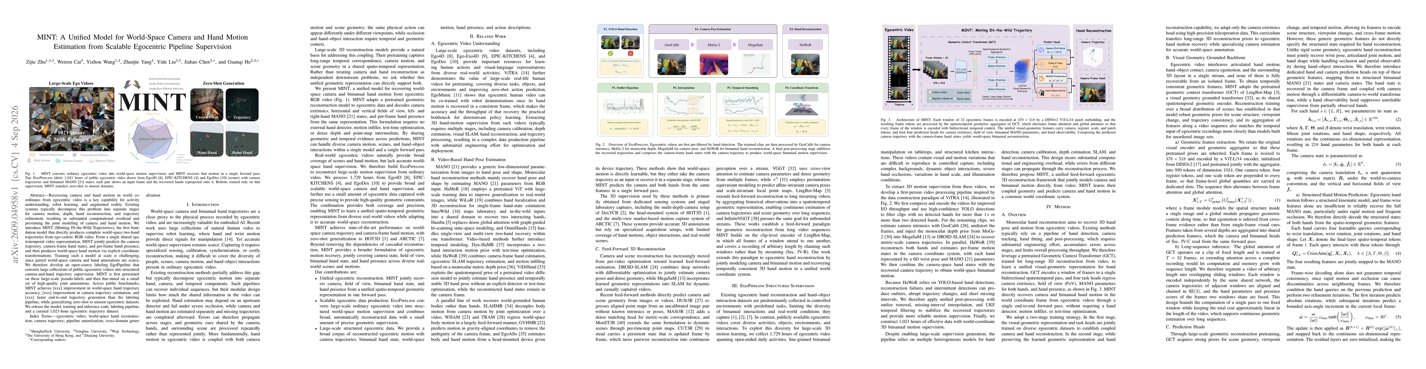 Thumbnail for MINT: A Unified Model for World-Space Camera and Hand Motion Estimation from Scalable Egocentric Pipeline Supervision