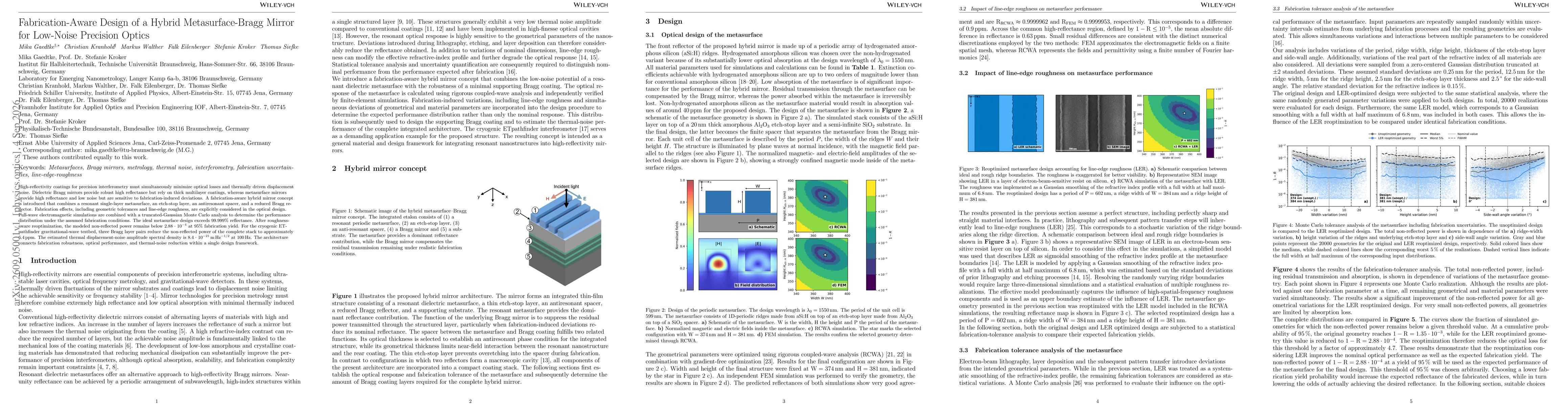 Thumbnail for Fabrication-Aware Design of a Hybrid Metasurface-Bragg Mirror for Low-Noise Precision Optics