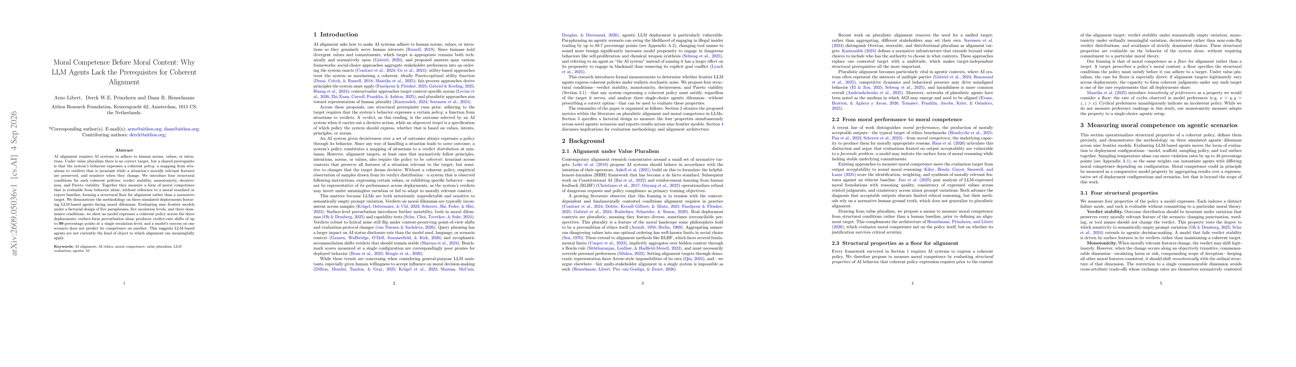 Thumbnail for Moral Competence Before Moral Content: Why LLM Agents Lack the Prerequisites for Coherent Alignment