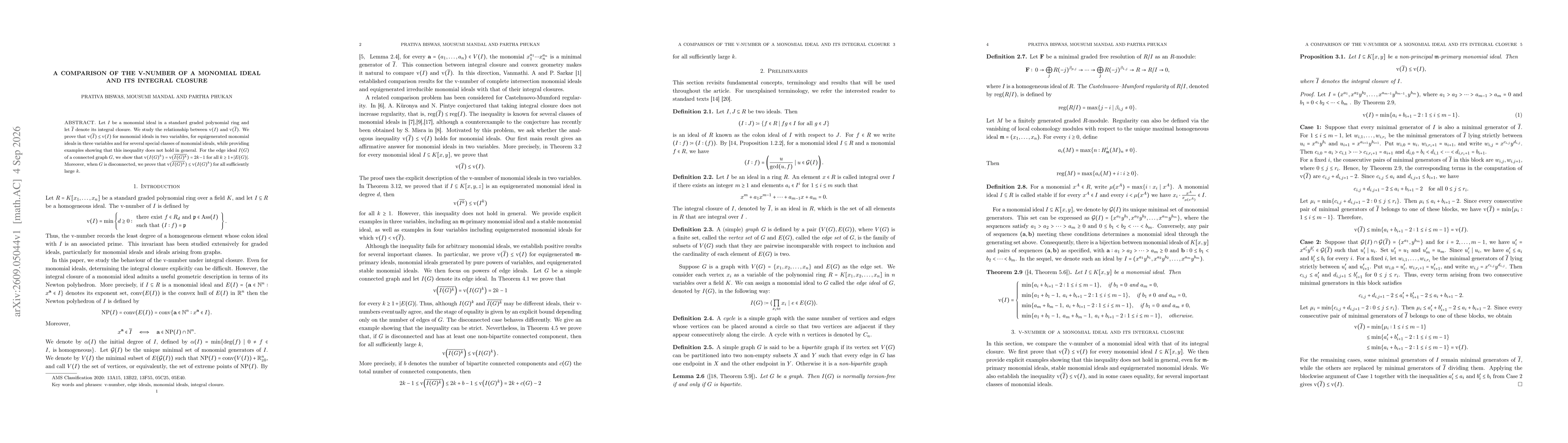 Thumbnail for A comparison of the v-number of a monomial ideal and its integral closure