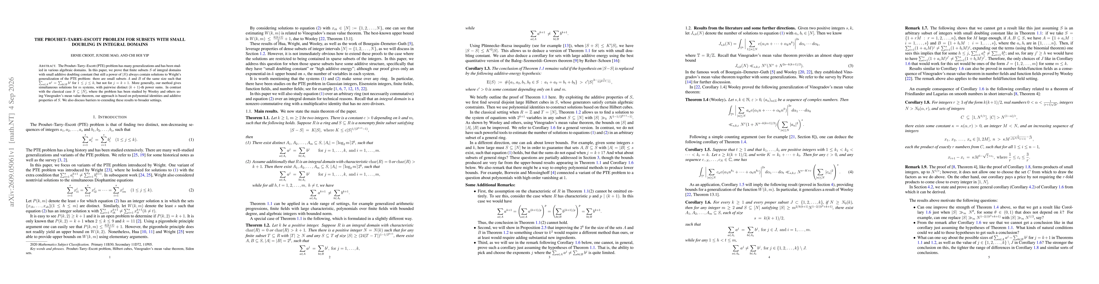 Thumbnail for The Prouhet--Tarry--Escott problem for subsets with small doubling in integral domains