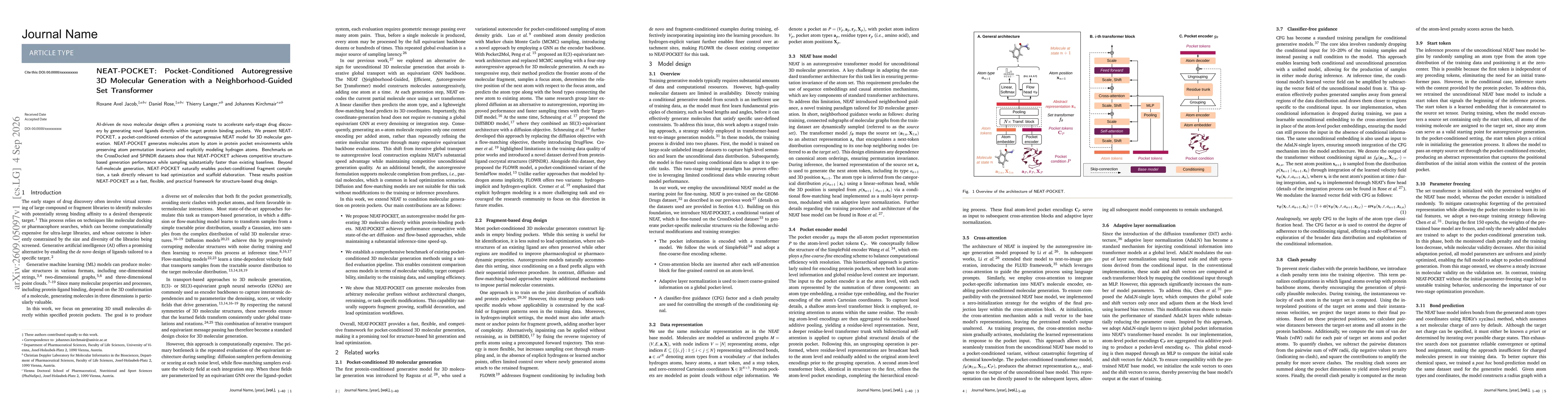 Thumbnail for NEAT-POCKET: Pocket-Conditioned Autoregressive 3D Molecular Generation with a Neighborhood-Guided Set Transformer