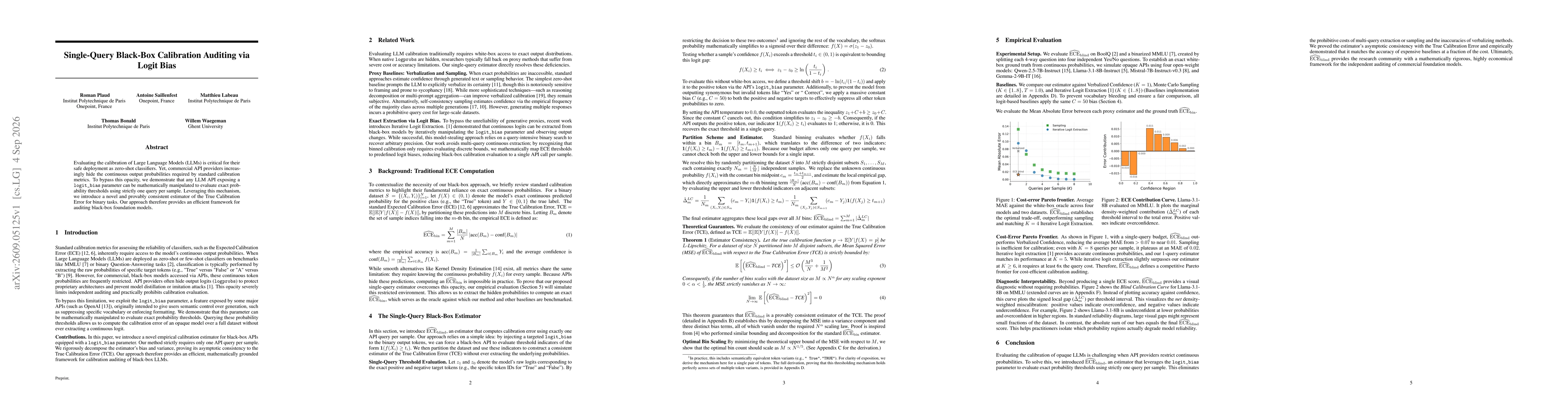 Thumbnail for Single-Query Black-Box Calibration Auditing via Logit Bias
