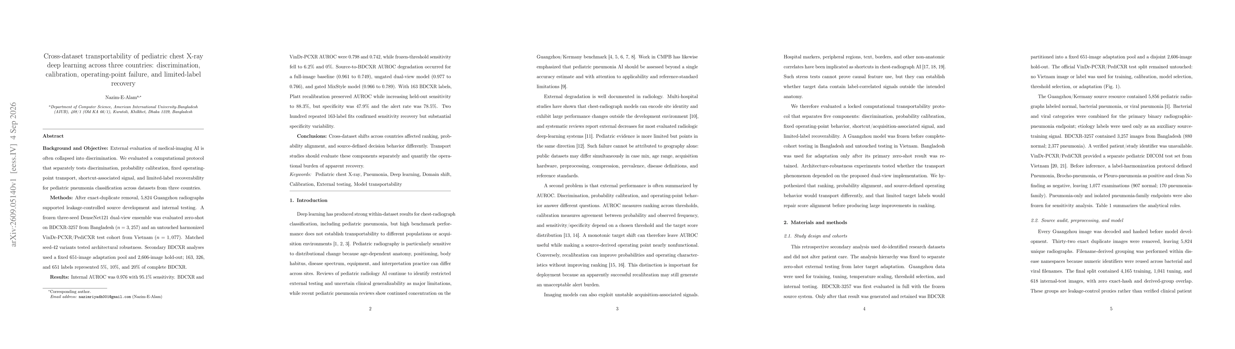 Thumbnail for Cross-dataset transportability of pediatric chest X-ray deep learning across three countries: discrimination, calibration, operating-point failure, and limited-label recovery