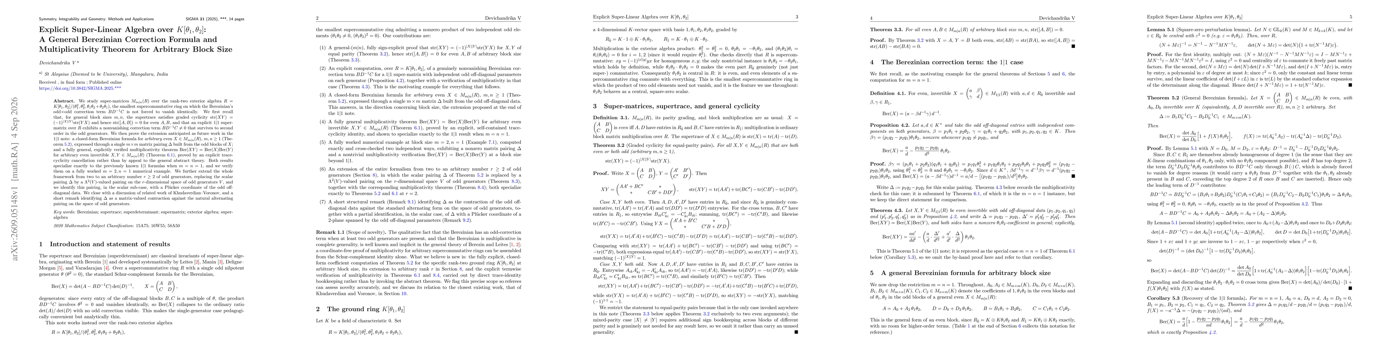Thumbnail for Explicit Super-Linear Algebra over K[θ1, θ2]: A General Berezinian Correction Formula and Multiplicativity Theorem for Arbitrary Block Size