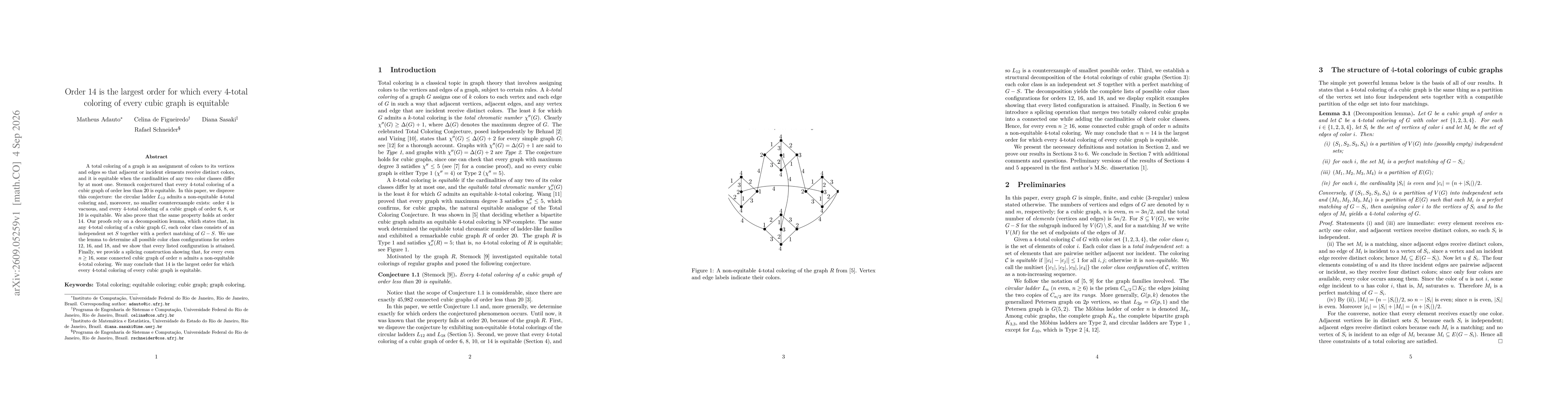 Thumbnail for Order 14 is the largest order for which every 4-total coloring of every cubic graph is equitable