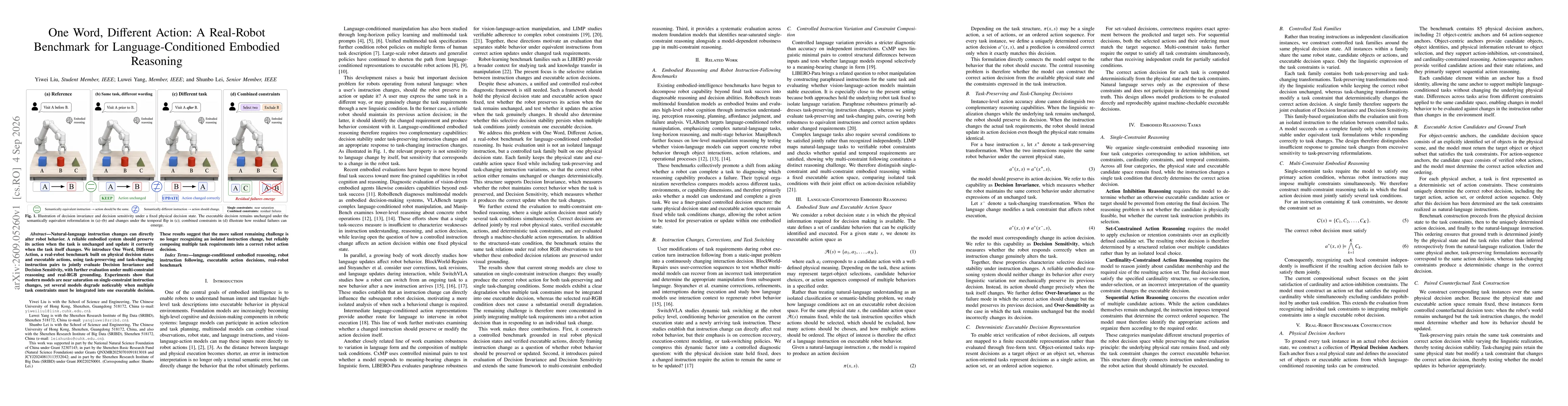 Thumbnail for One Word, Different Action: A Real-Robot Benchmark for Language-Conditioned Embodied Reasoning