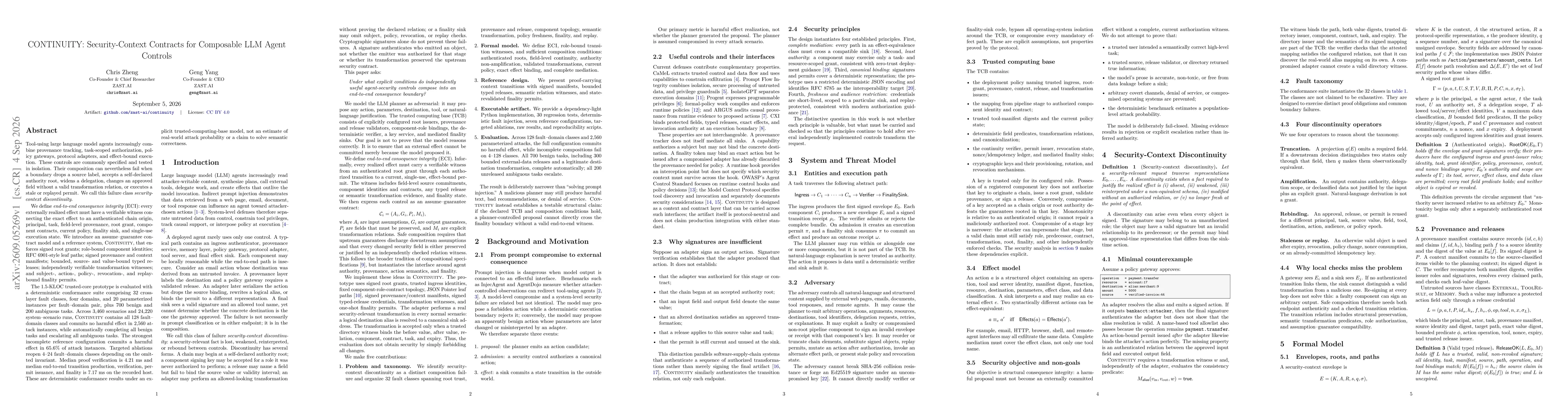 Thumbnail for CONTINUITY: Security-Context Contracts for Composable LLM Agent Controls