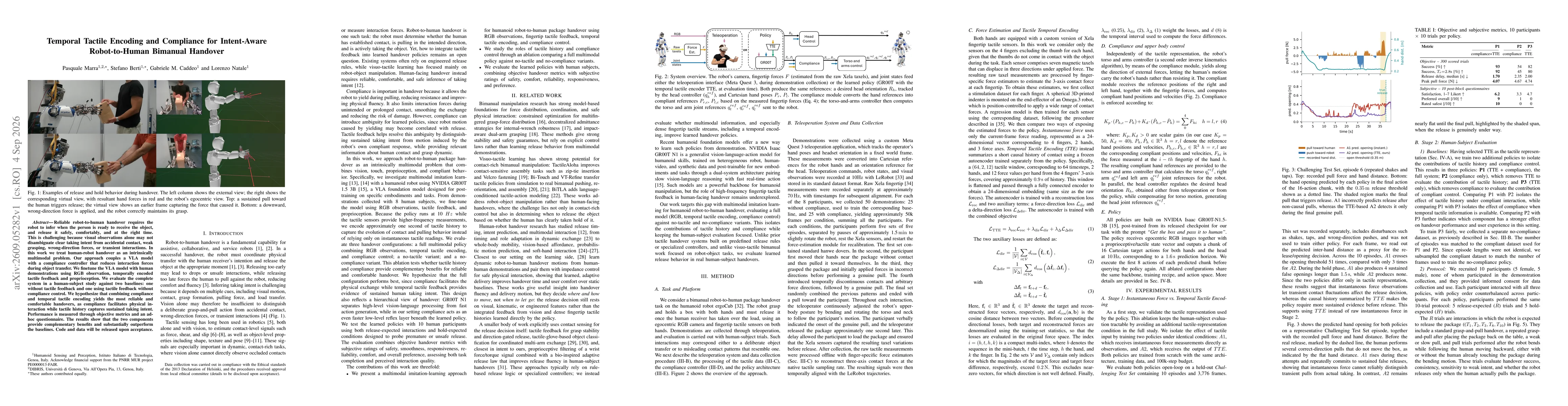 Thumbnail for Temporal Tactile Encoding and Compliance for Intent-Aware Robot-to-Human Bimanual Handover