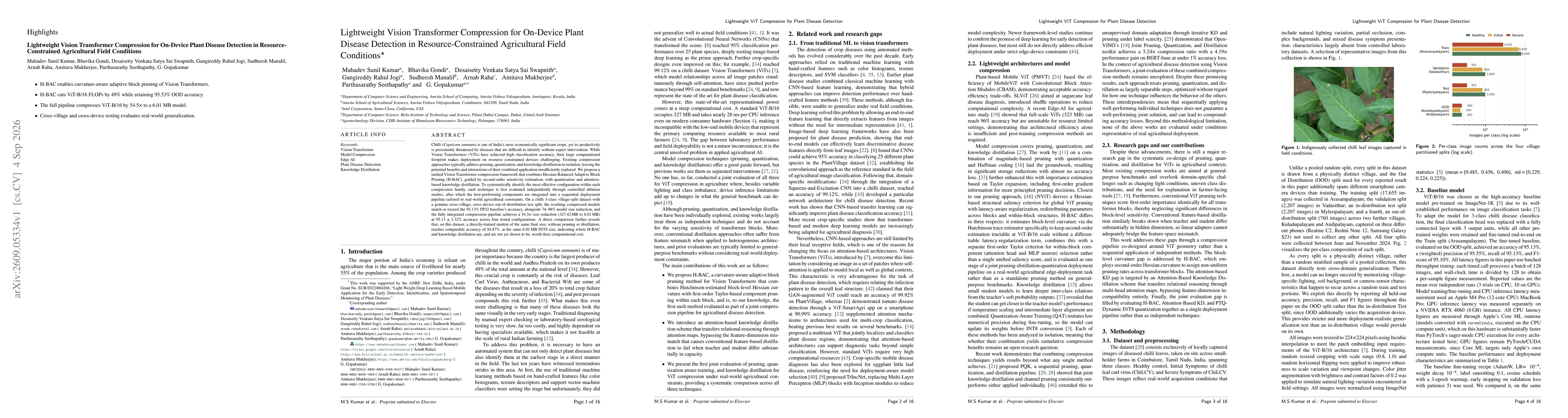 Thumbnail for Lightweight Vision Transformer Compression for On-Device Plant Disease Detection in Resource-Constrained Agricultural Field Conditions