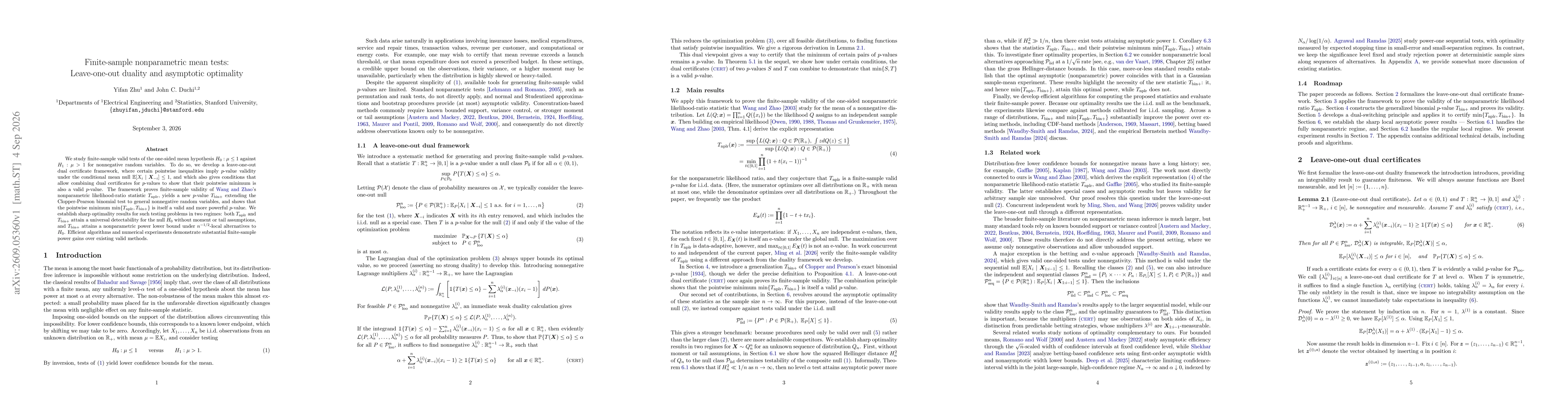 Thumbnail for Finite-sample nonparametric mean tests: Leave-one-out duality and asymptotic optimality