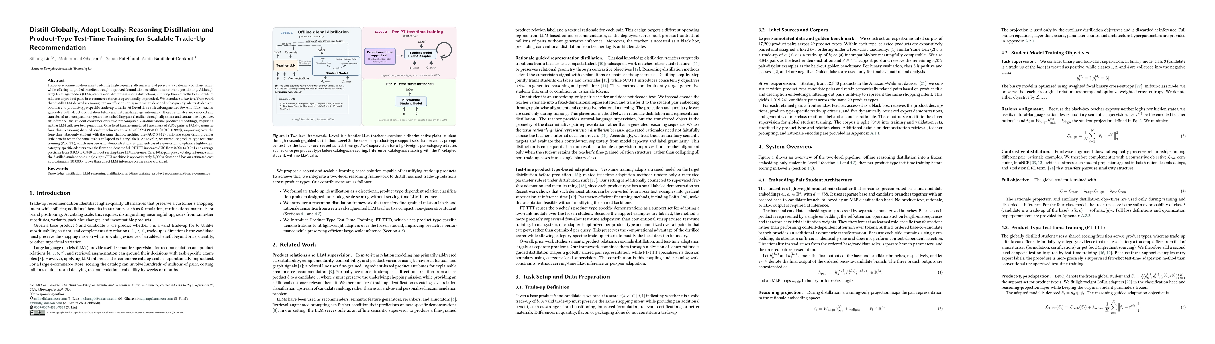 Thumbnail for Distill Globally, Adapt Locally: Reasoning Distillation and Product-Type Test-Time Training for Scalable Trade-Up Recommendation