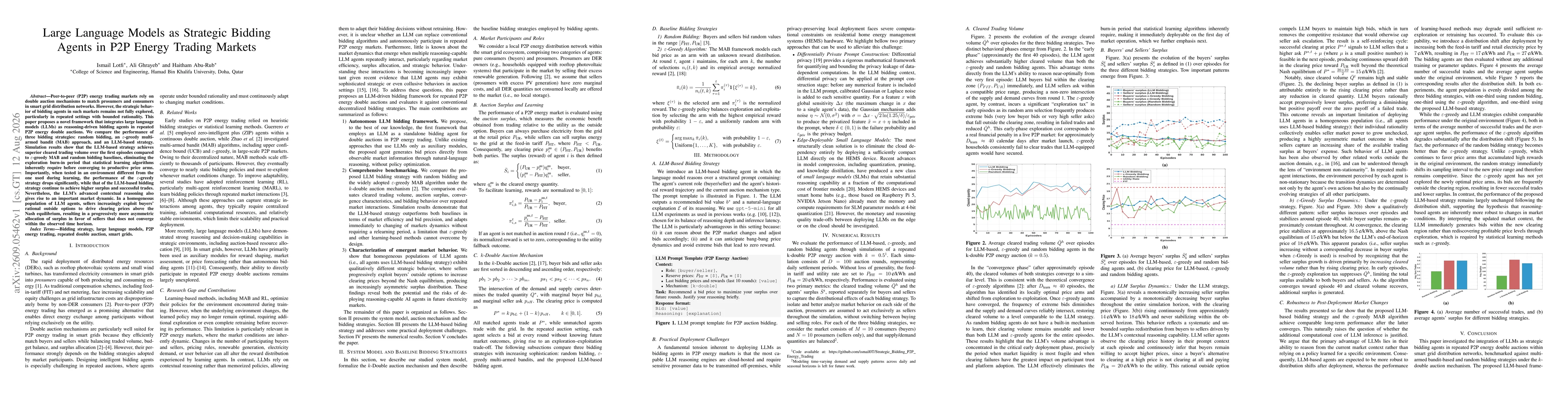 Thumbnail for Large Language Models as Strategic Bidding Agents in P2P Energy Trading Markets