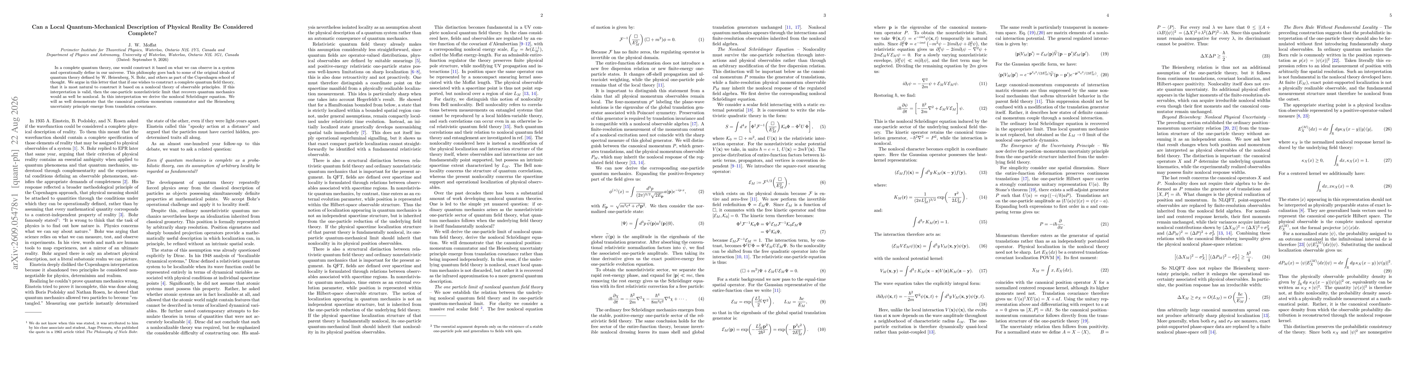 Thumbnail for Can a Local Quantum-Mechanical Description of Physical Reality Be Considered Complete?