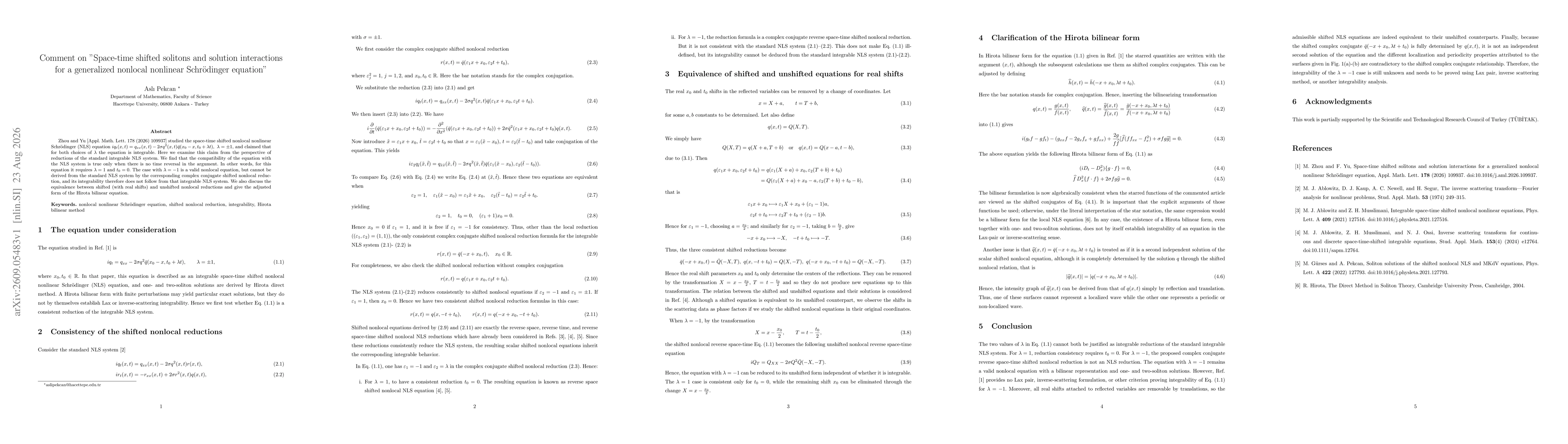 Thumbnail for Comment on "Space-time shifted solitons and solution interactions for a generalized nonlocal nonlinear Schrödinger equation"