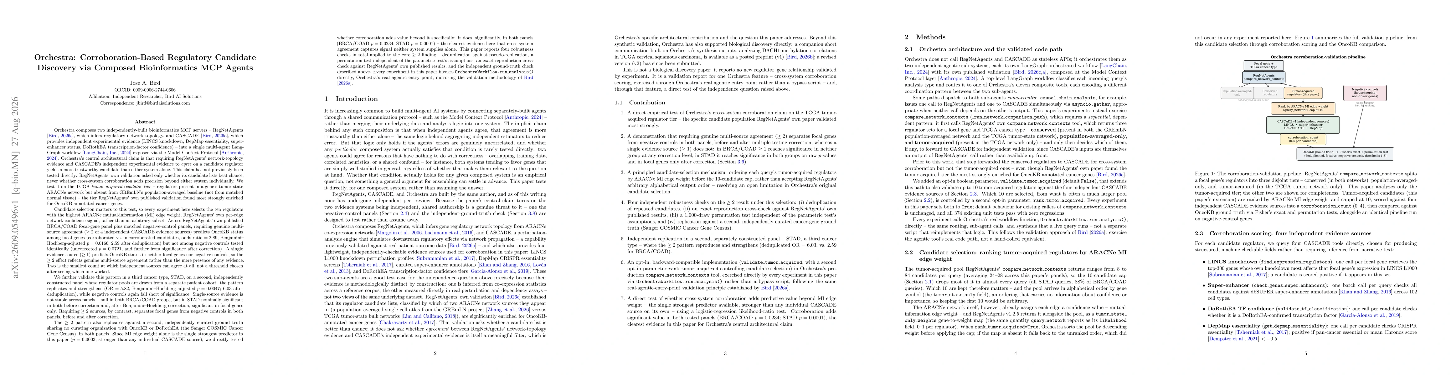 Thumbnail for Orchestra: Corroboration-Based Regulatory Candidate Discovery via Composed Bioinformatics MCP Agents