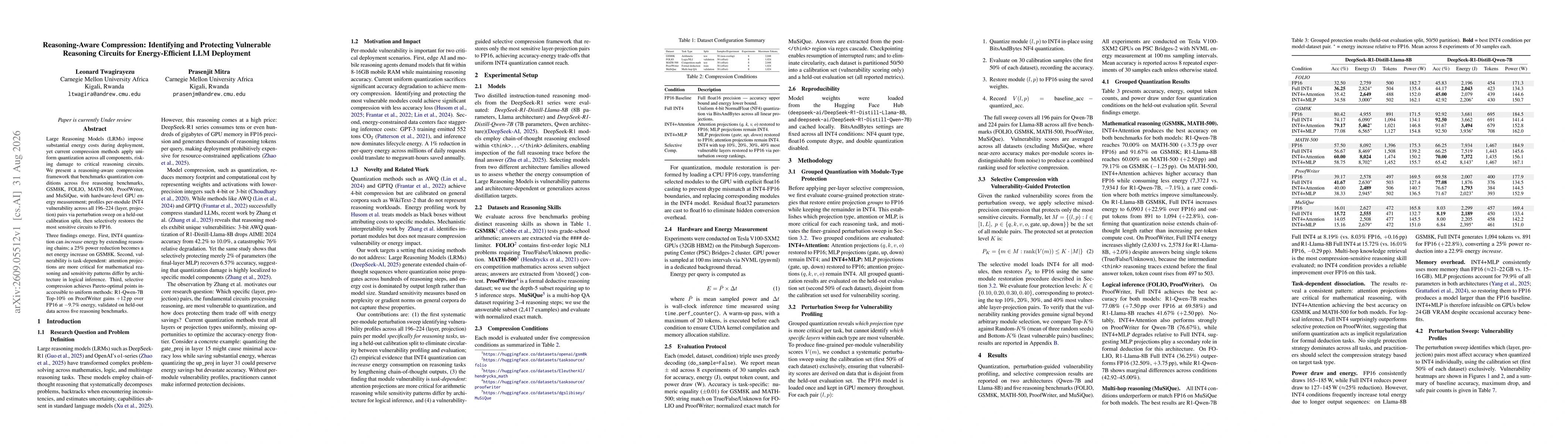 Thumbnail for Reasoning-Aware Compression: Identifying and Protecting Vulnerable Reasoning Circuits for Energy-Efficient LLM Deployment