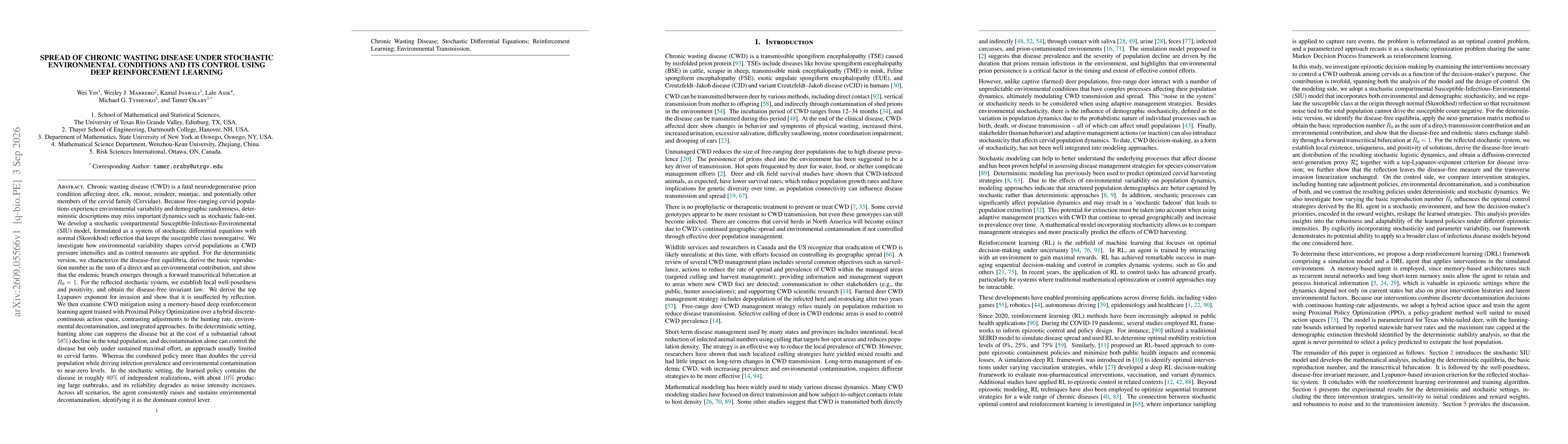 Thumbnail for Spread of Chronic Wasting Disease under Stochastic Environmental Conditions and its Control using Deep Reinforcement Learning