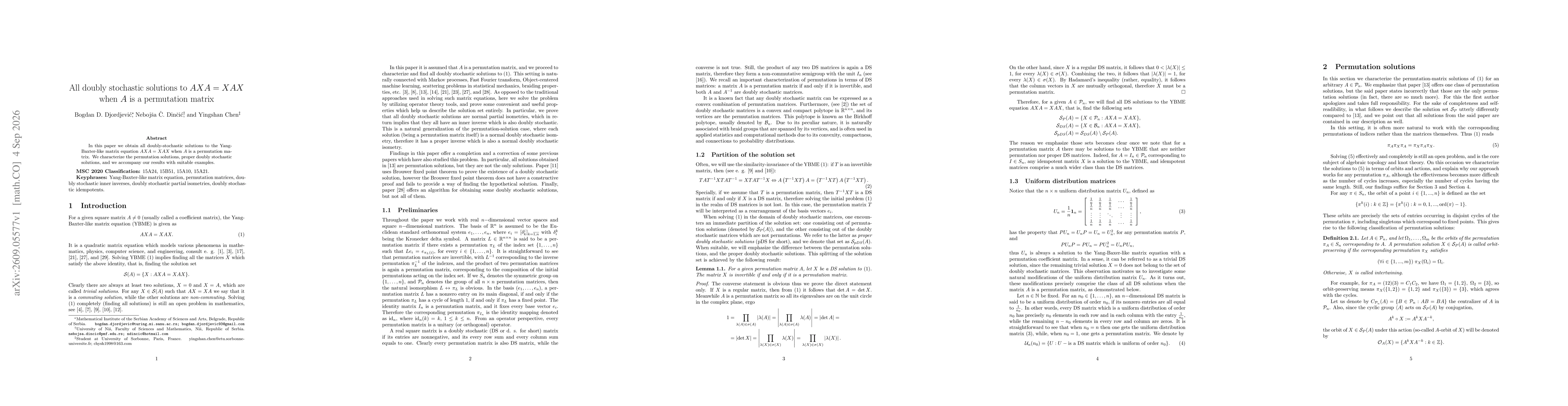 Thumbnail for All doubly stochastic solutions to $AXA = XAX$ when $A$ is a permutation matrix