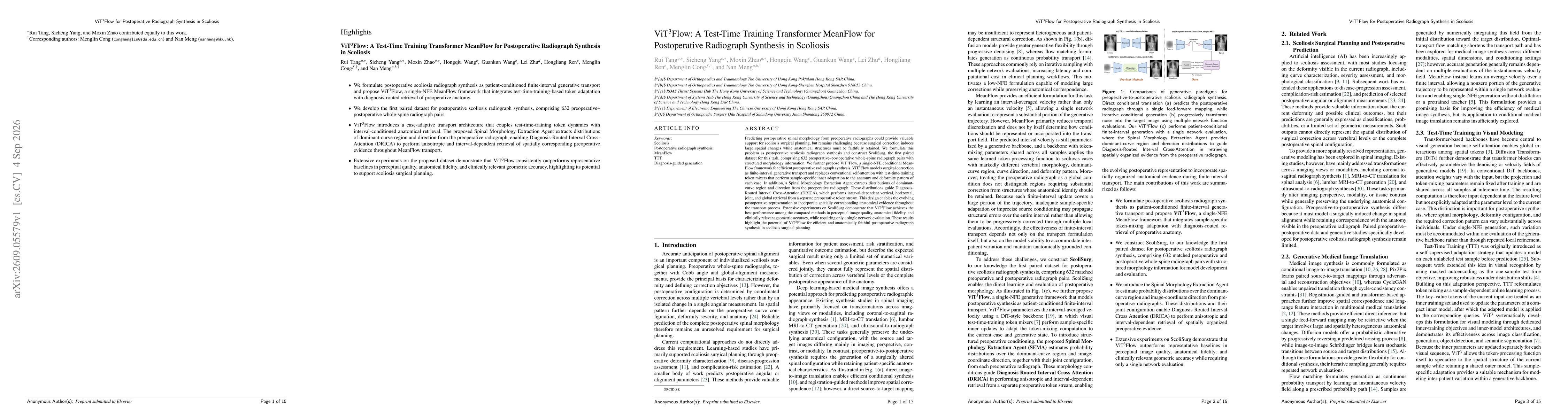 Thumbnail for ViT3Flow: A Test-Time Training Transformer MeanFlow for Postoperative Radiograph Synthesis in Scoliosis