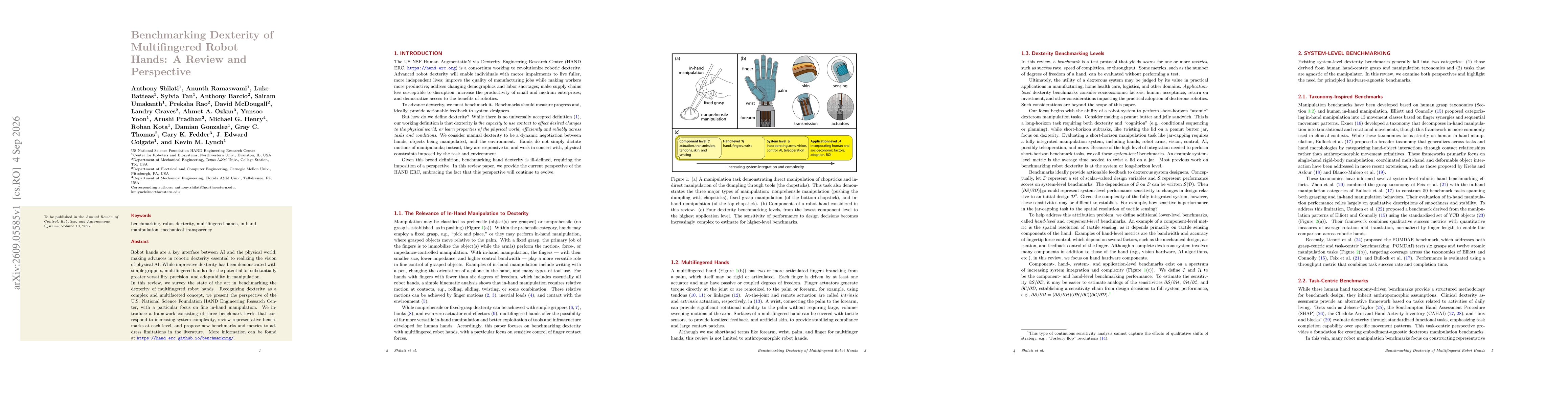 Thumbnail for Benchmarking Dexterity of Multifingered Robot Hands: A Review and Perspective