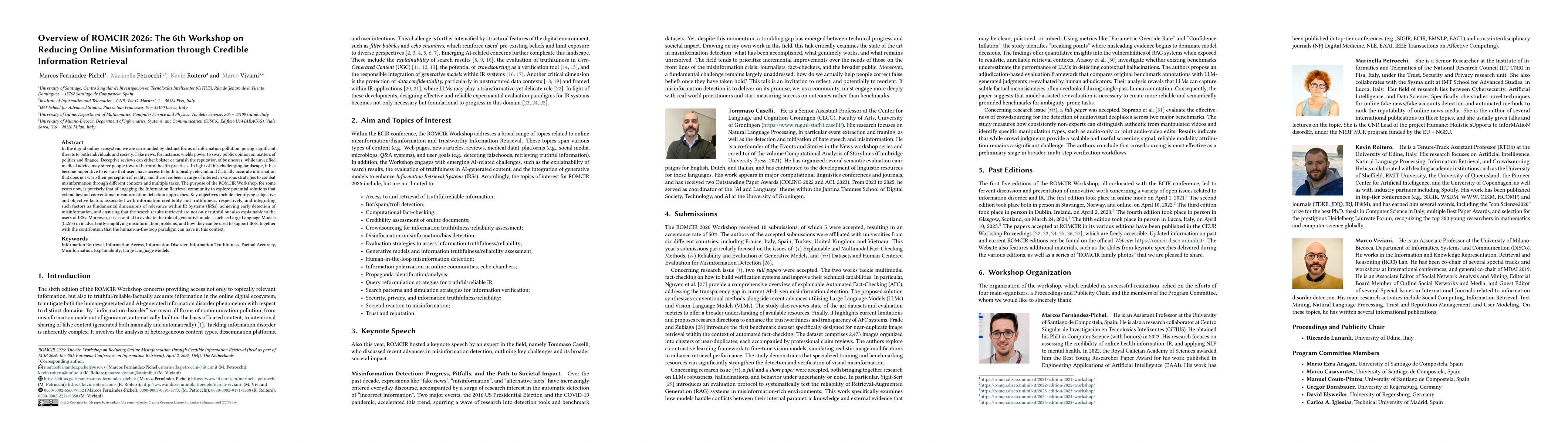 Thumbnail for Overview of ROMCIR 2026: The 6th Workshop on Reducing Online Misinformation through Credible Information Retrieval