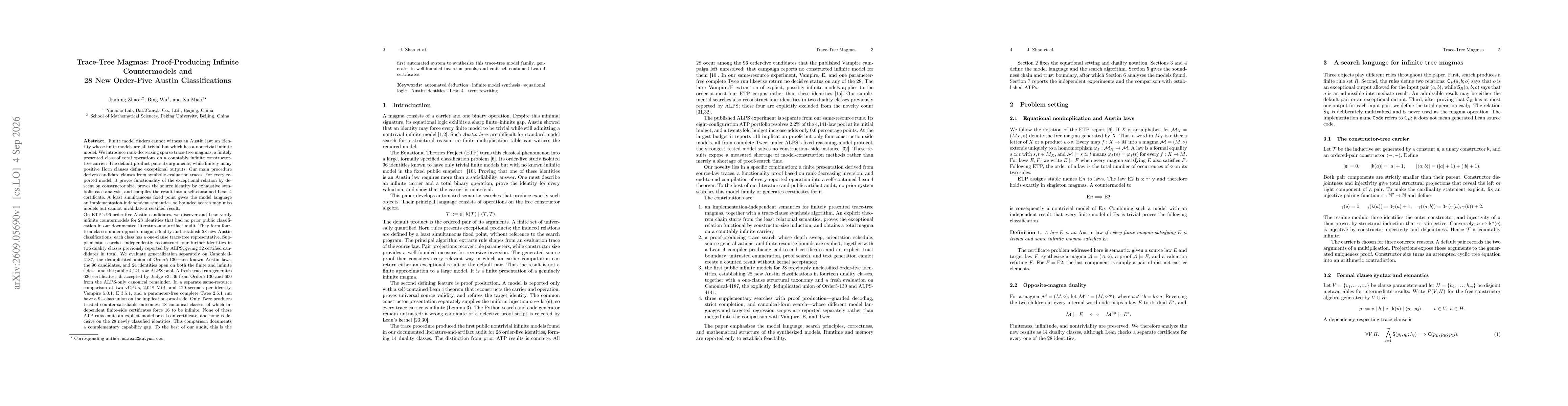 Thumbnail for Trace-Tree Magmas: Proof-Producing Infinite Countermodels and 28 New Order-Five Austin Classifications