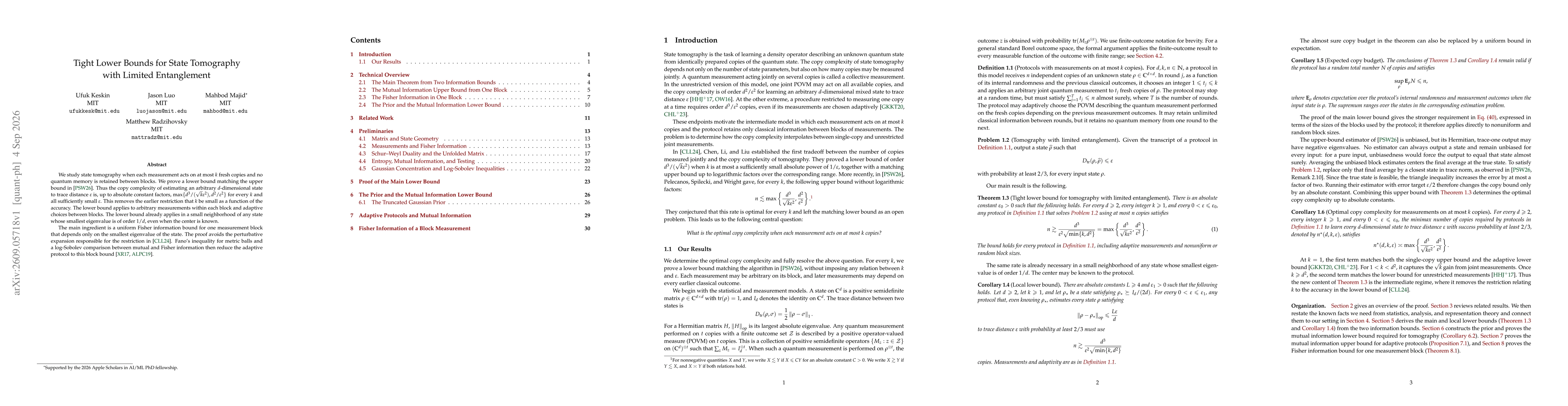 Thumbnail for Tight Lower Bounds for State Tomography with Limited Entanglement