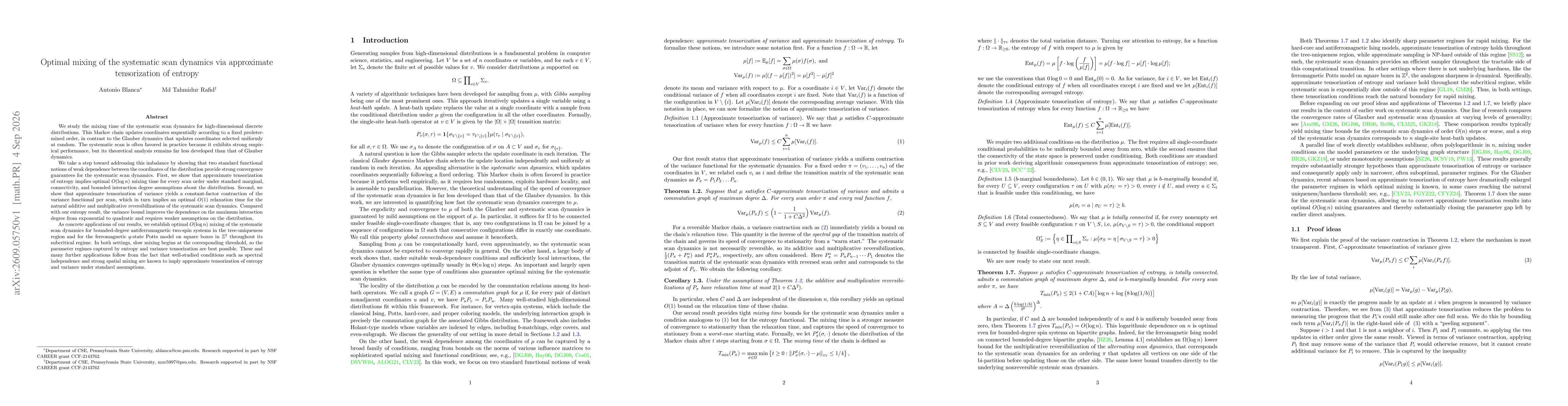 Thumbnail for Optimal mixing of the systematic scan dynamics via approximate tensorization of entropy