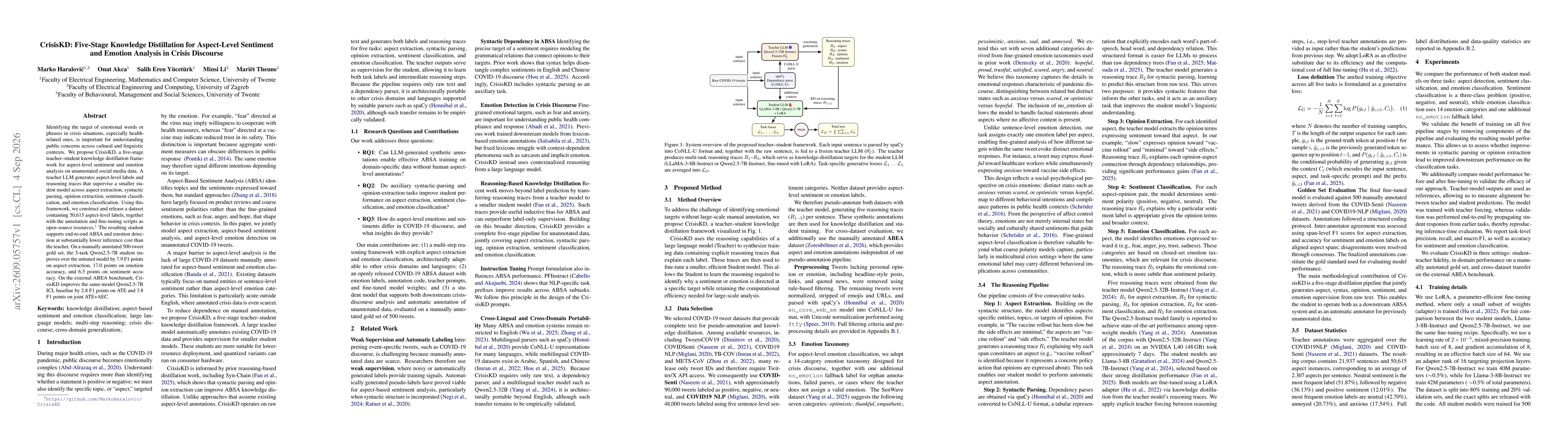 Thumbnail for CrisisKD: Five-Stage Knowledge Distillation for Aspect-Level Sentiment and Emotion Analysis in Crisis Discourse