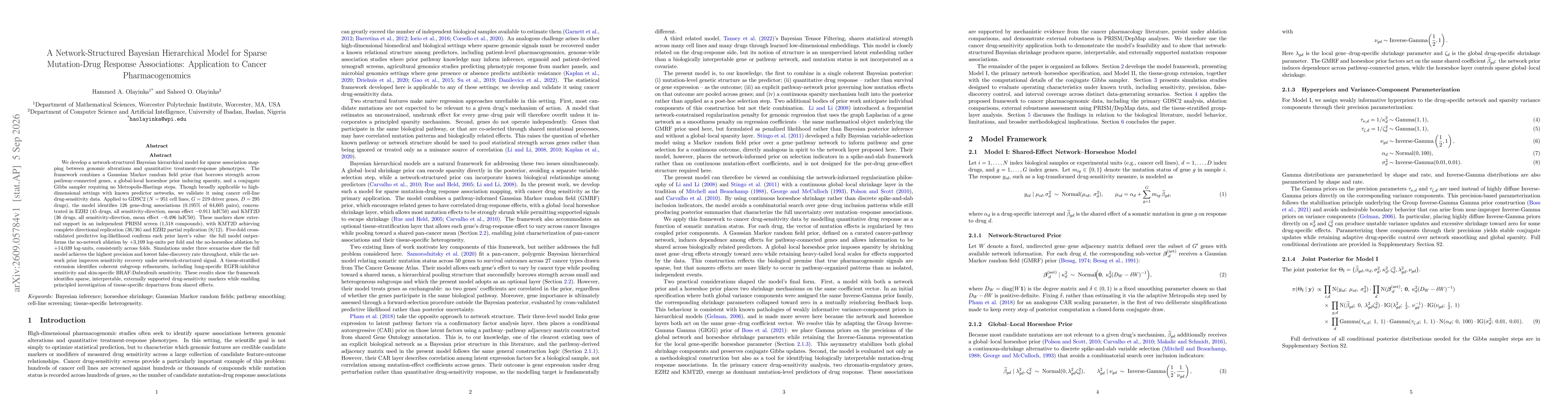 Thumbnail for A Network-Structured Bayesian Hierarchical Model for Sparse Mutation-Drug Response Associations: Application to Cancer Pharmacogenomics