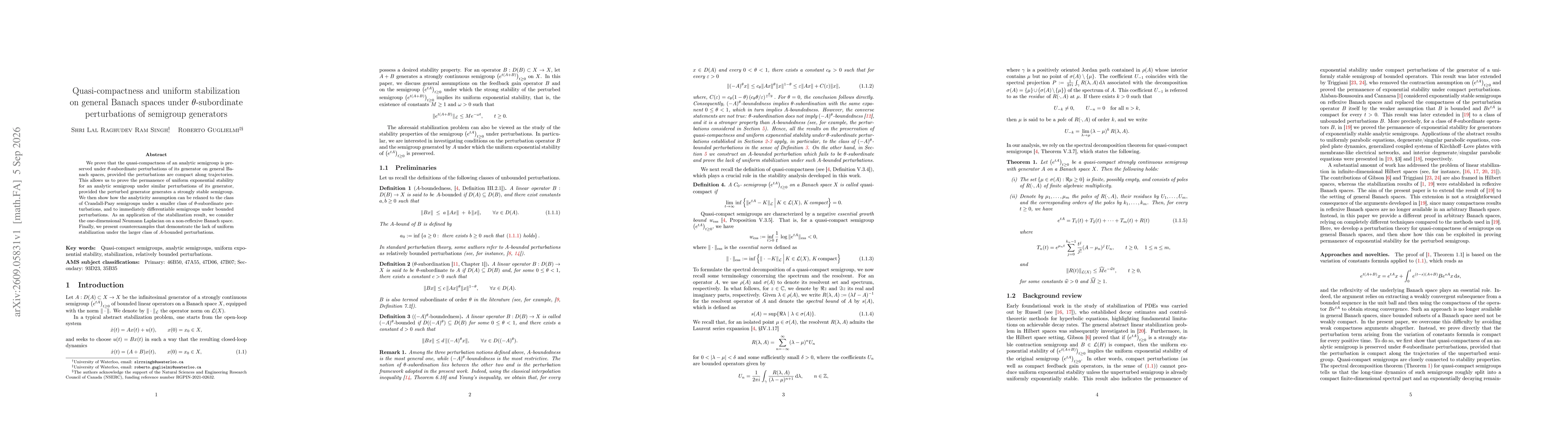 Thumbnail for Quasi-compactness and uniform stabilization on general Banach spaces under $θ$-subordinate perturbations of semigroup generators