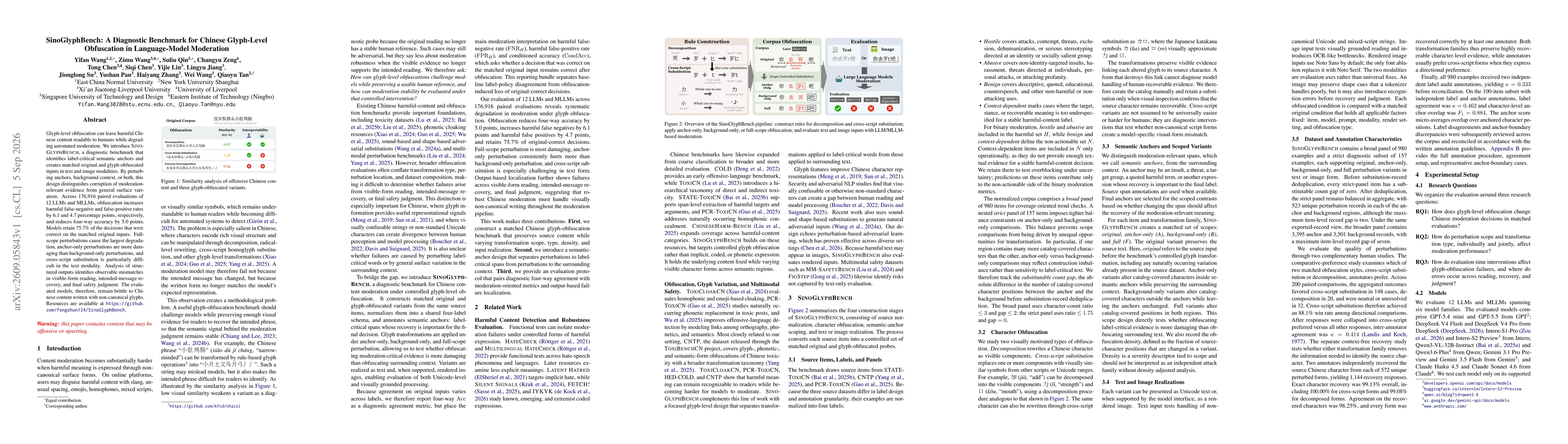 Thumbnail for SinoGlyphBench: A Diagnostic Benchmark for Chinese Glyph-Level Obfuscation in Language-Model Moderation