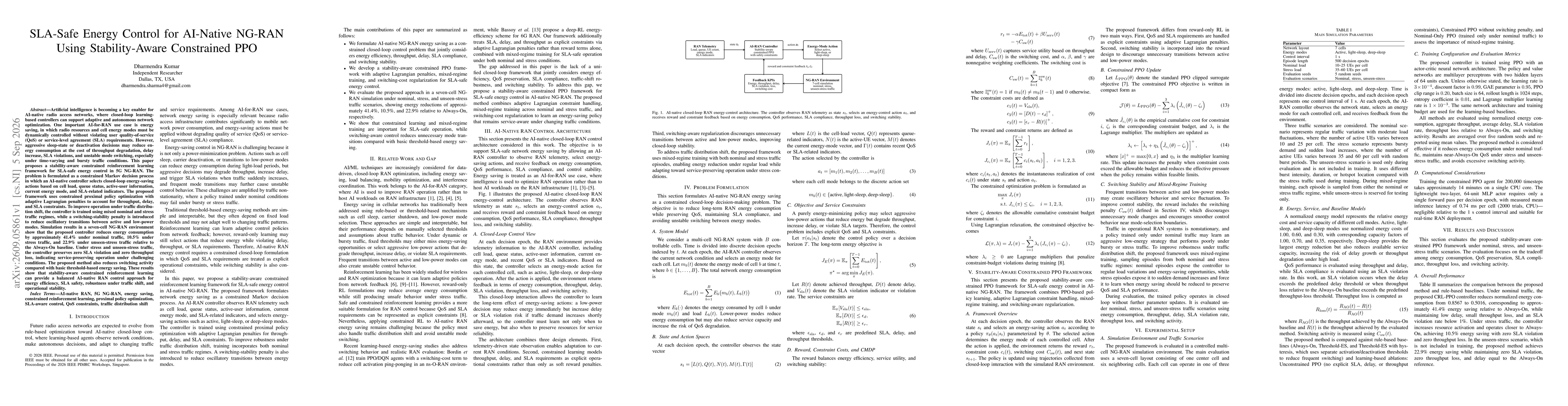 Thumbnail for SLA-Safe Energy Control for AI-Native NG-RAN Using Stability-Aware Constrained PPO