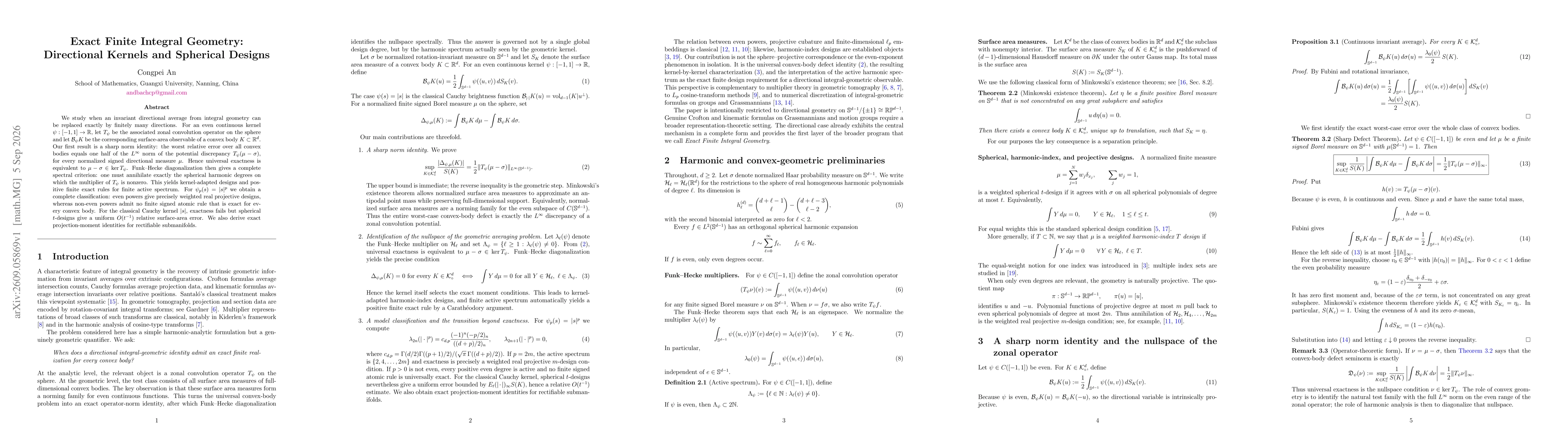 Thumbnail for Exact Finite Integral Geometry: Directional Kernels and Spherical Designs
