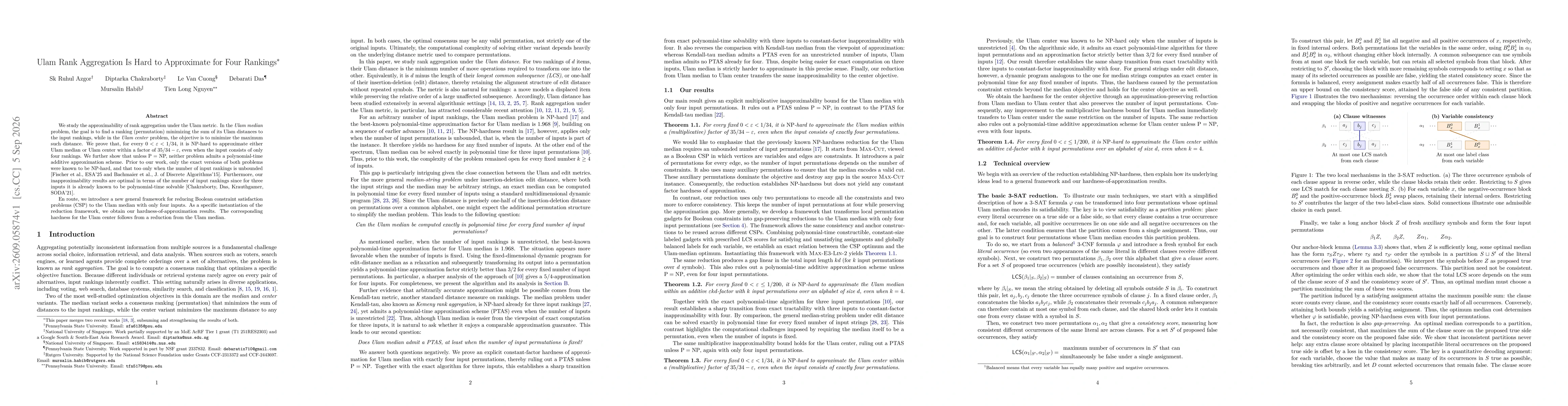 Thumbnail for Ulam Rank Aggregation Is Hard to Approximate for Four Rankings