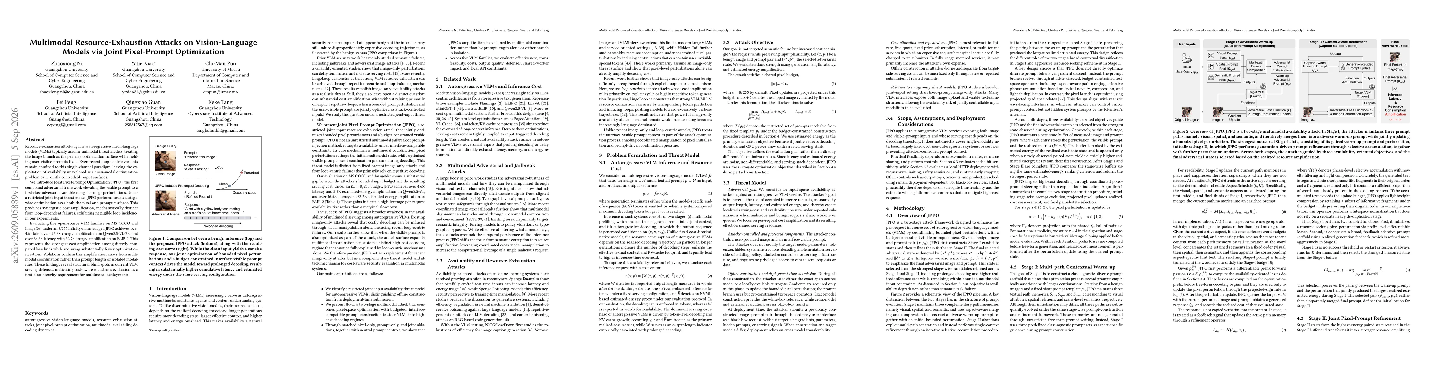 Thumbnail for Multimodal Resource-Exhaustion Attacks on Vision-Language Models via Joint Pixel-Prompt Optimization