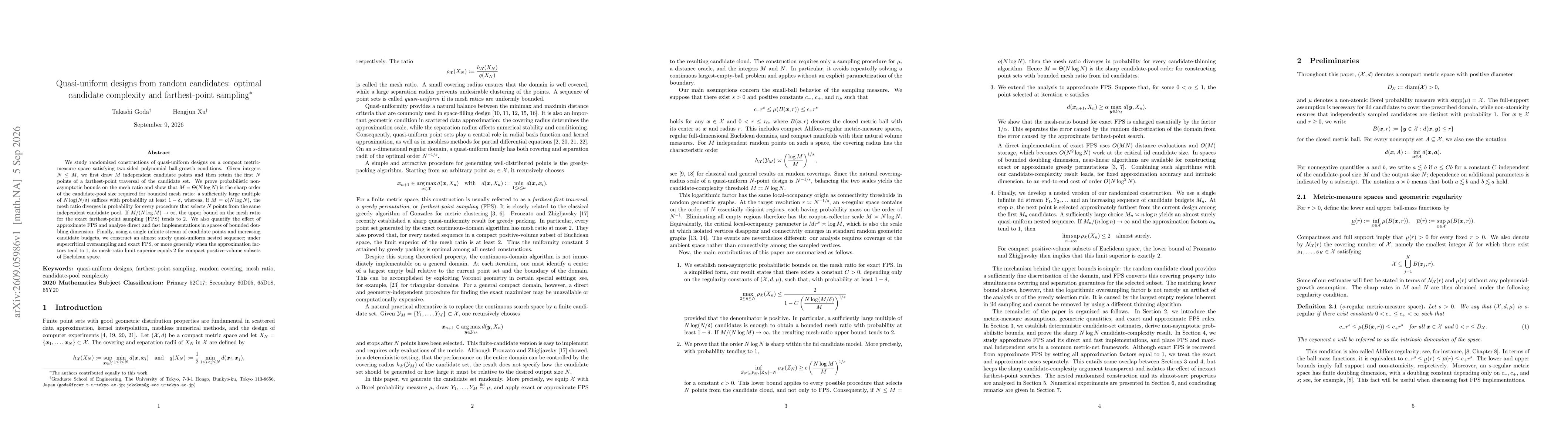 Thumbnail for Quasi-uniform designs from random candidates: optimal candidate complexity and farthest-point sampling