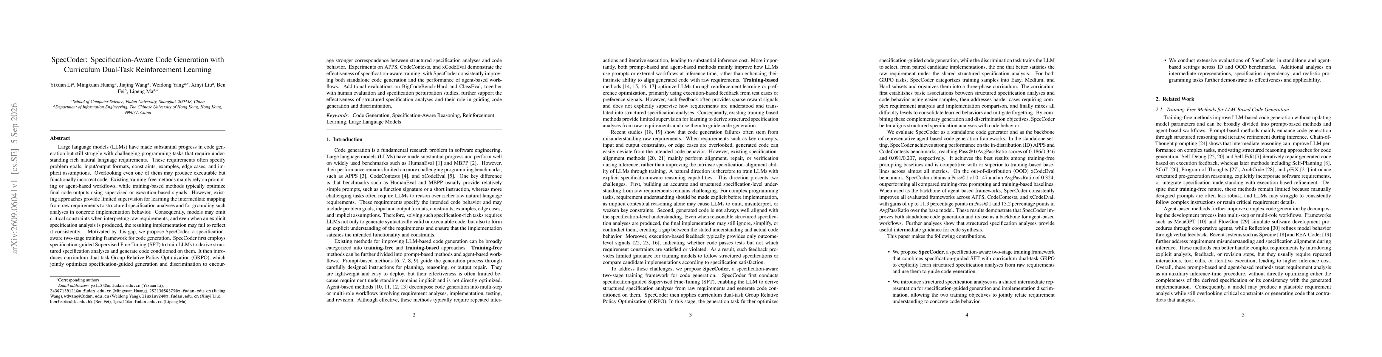 Thumbnail for SpecCoder: Specification-Aware Code Generation with Curriculum Dual-Task Reinforcement Learning