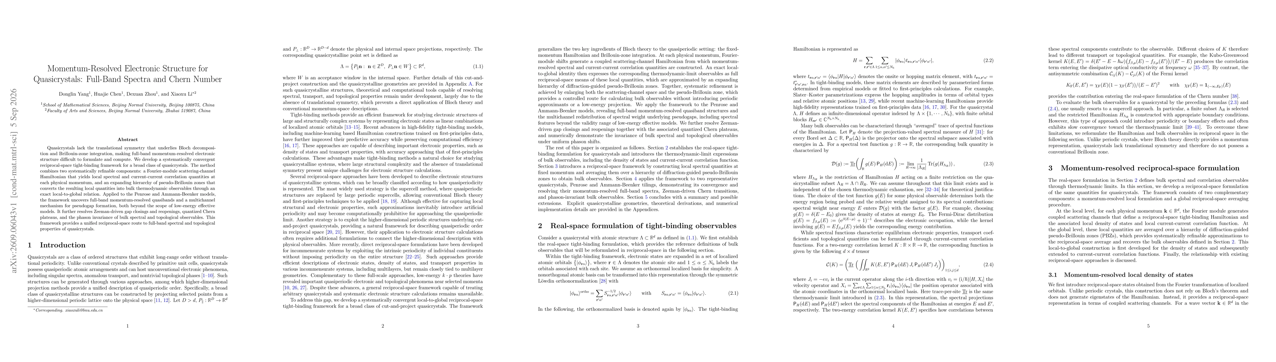 Thumbnail for Momentum-Resolved Electronic Structure for Quasicrystals: Full-Band Spectra and Chern Number