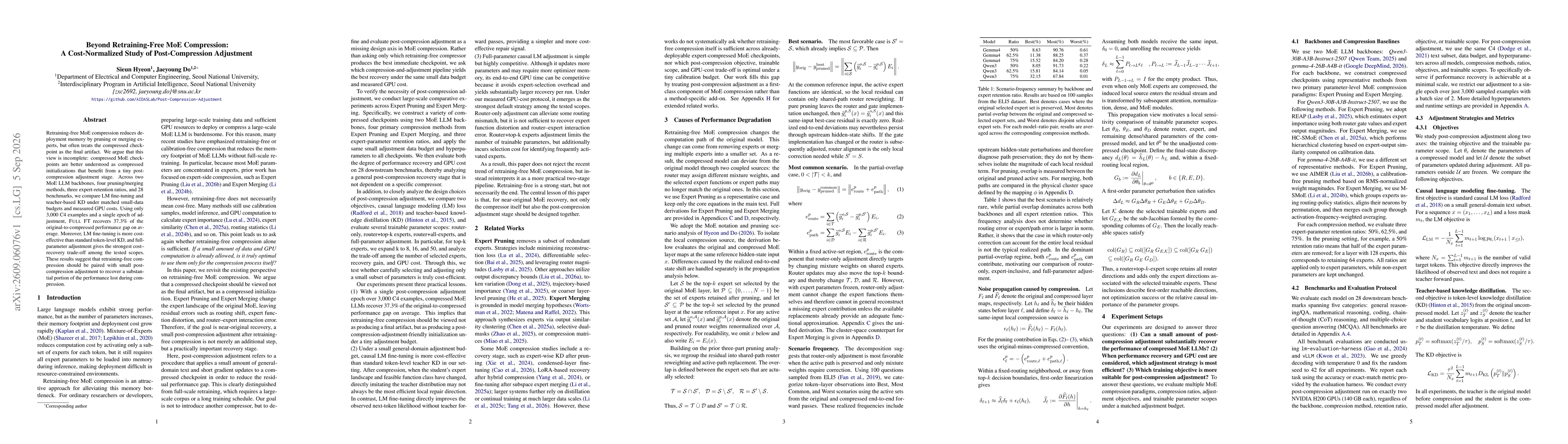 Thumbnail for Beyond Retraining-Free MoE Compression: A Cost-Normalized Study of Post-Compression Adjustment