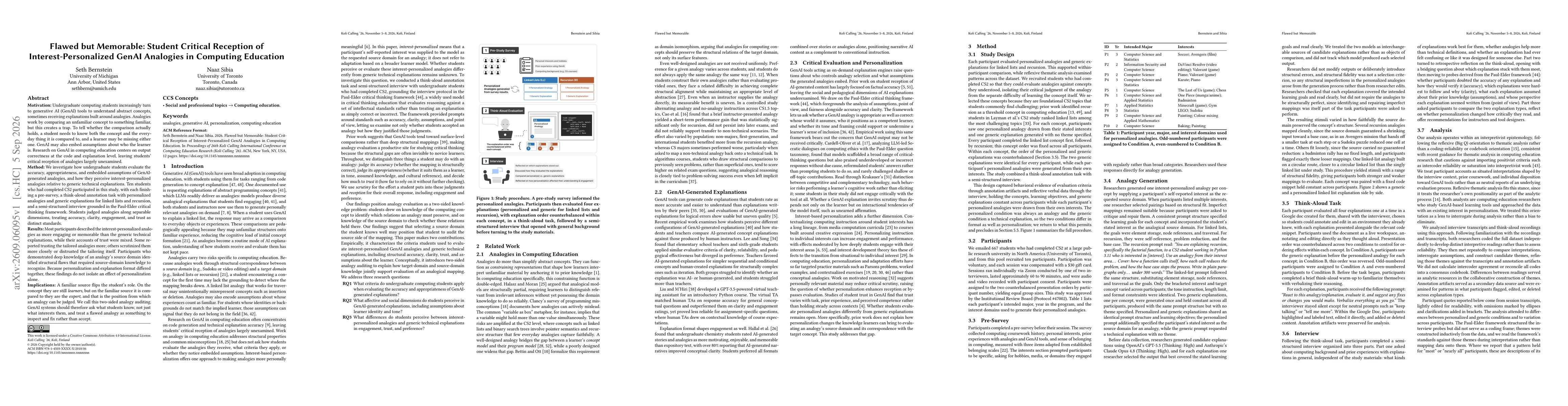 Thumbnail for Flawed but Memorable: Student Critical Reception of Interest-Personalized GenAI Analogies in Computing Education