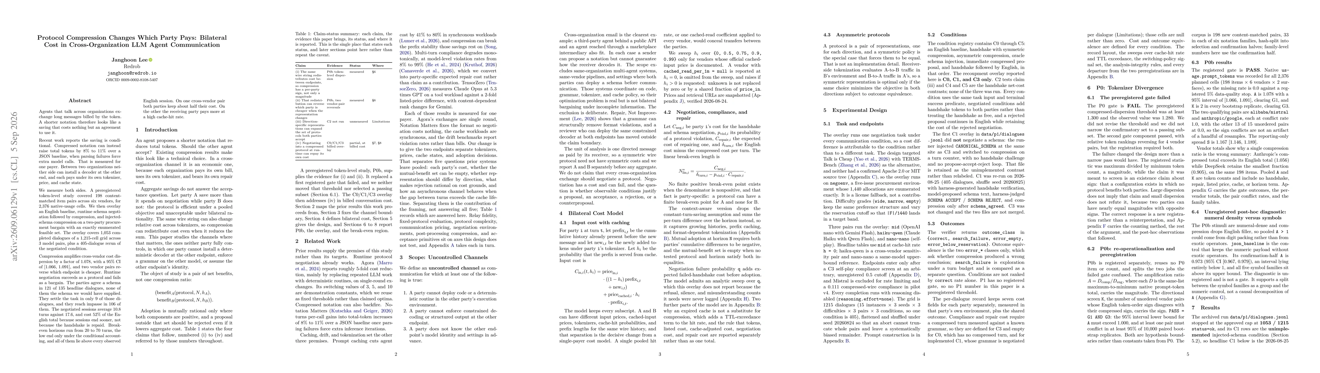 Thumbnail for Protocol Compression Changes Which Party Pays: Bilateral Cost in Cross-Organization LLM Agent Communication