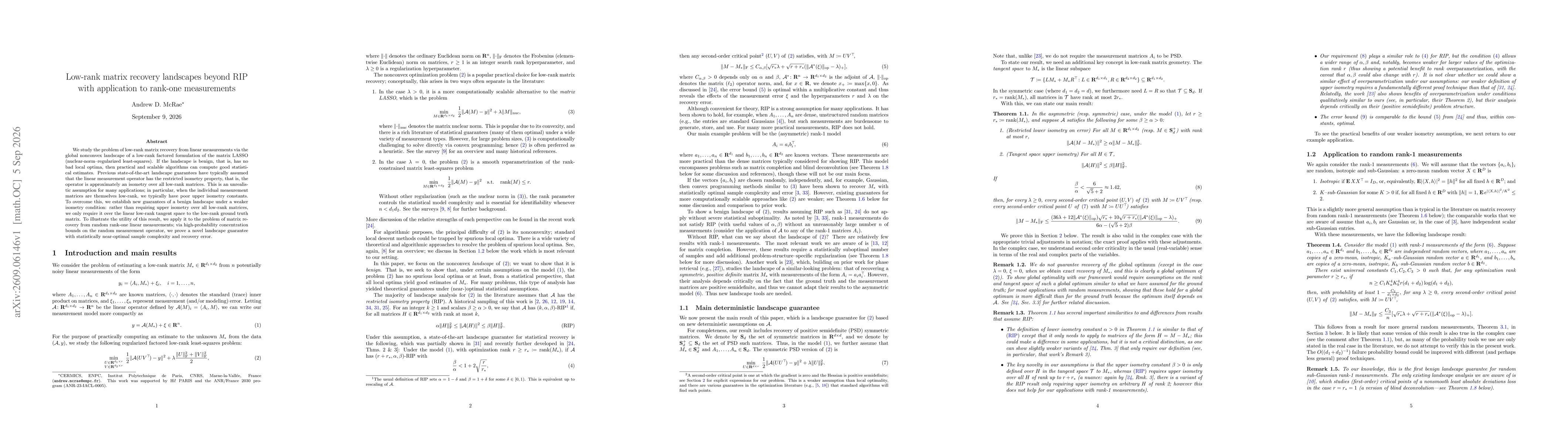Thumbnail for Low-rank matrix recovery landscapes beyond RIP with application to rank-one measurements