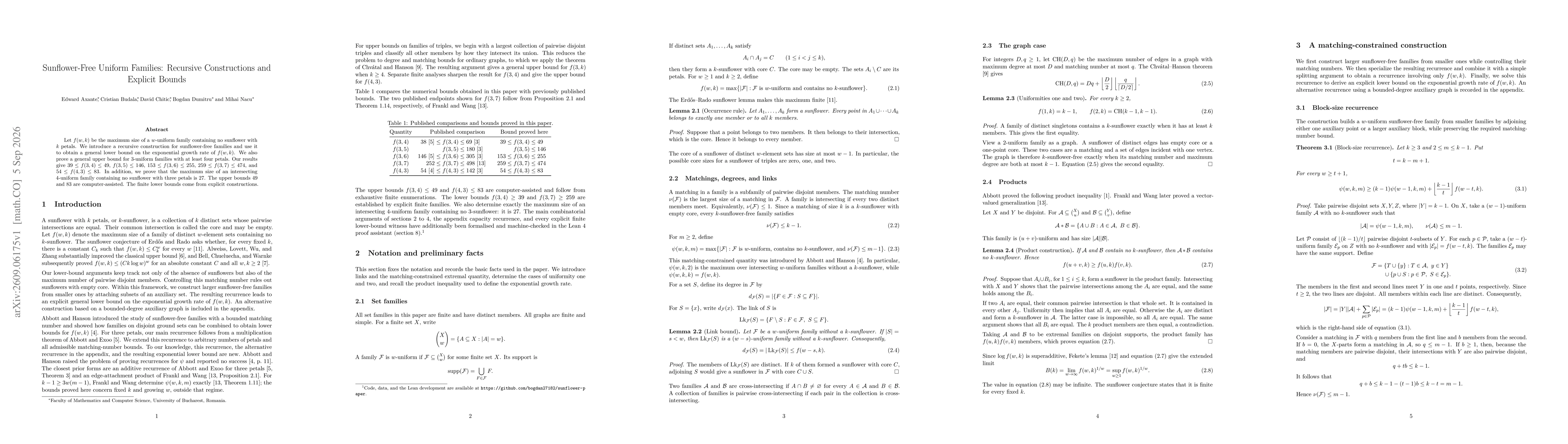 Thumbnail for Sunflower-Free Uniform Families: Recursive Constructions and Explicit Bounds