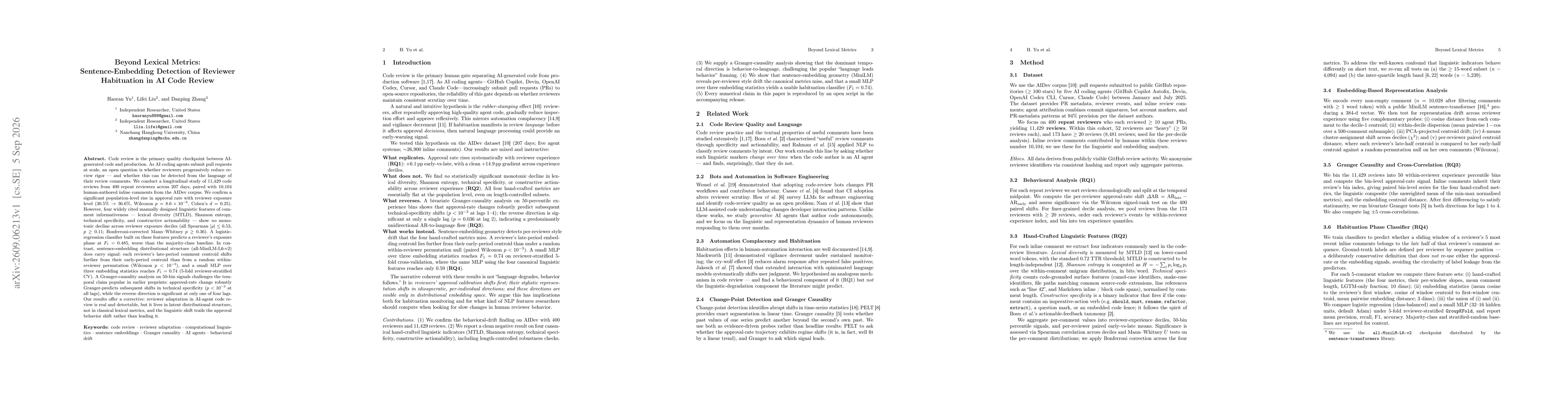 Thumbnail for Beyond Lexical Metrics: Sentence-Embedding Detection of Reviewer Habituation in AI Code Review