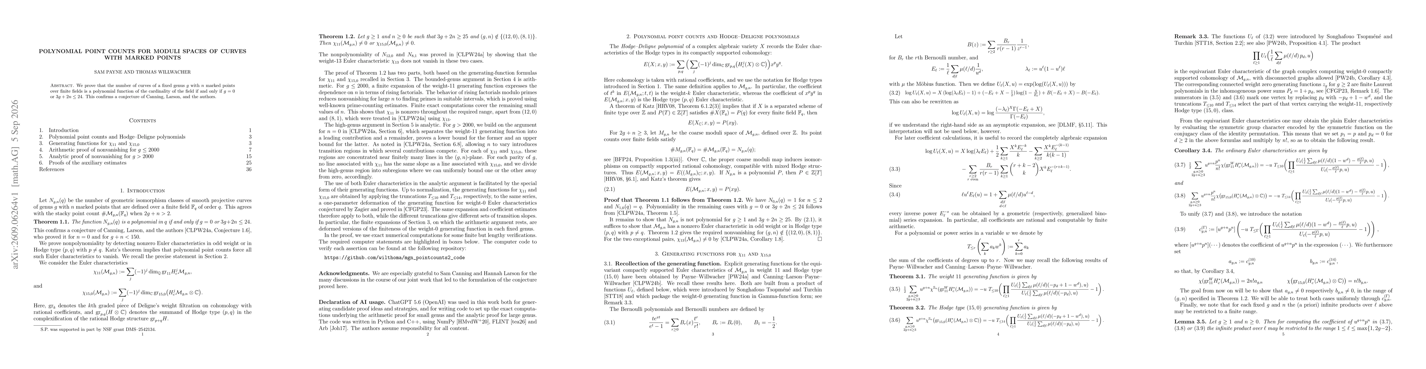 Thumbnail for Polynomial point counts for moduli spaces of curves with marked points